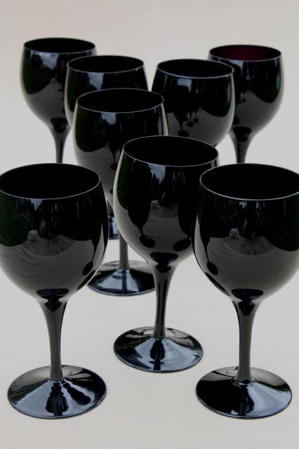 photo of black glass water glasses or wine goblets, vintage stemware set for 8 #1