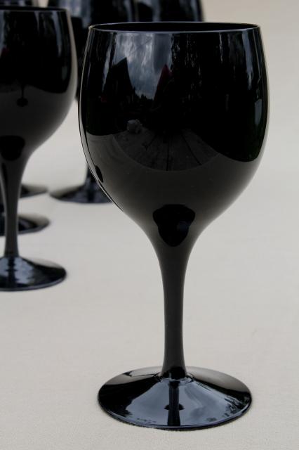 photo of black glass water glasses or wine goblets, vintage stemware set for 8 #2