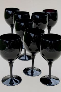 catalog photo of black glass water glasses or wine goblets, vintage stemware set for 8