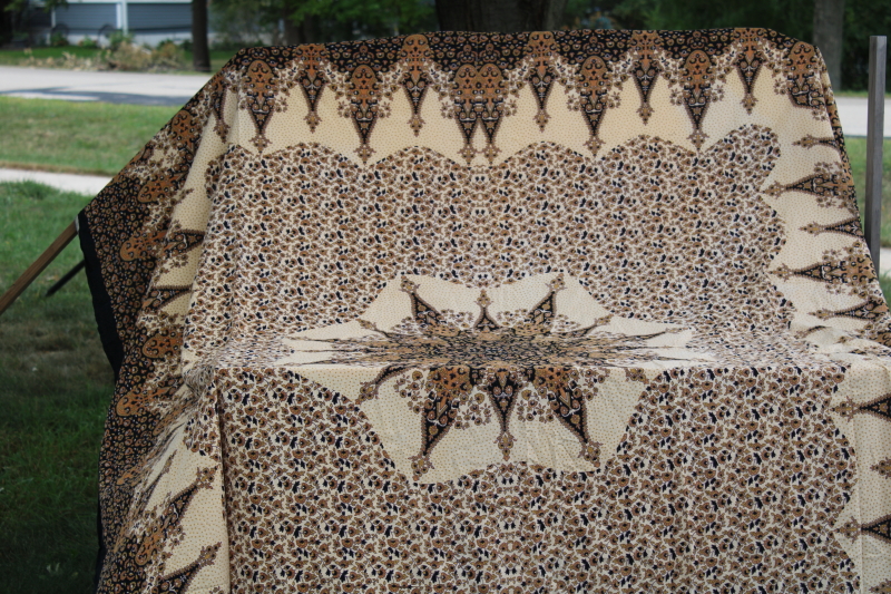 photo of black & gold vintage block print cotton fabric tablecloth, bed cover, wall hanging curtain panel #1