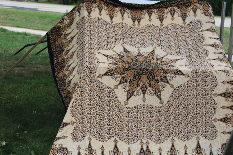 photo of black & gold vintage block print cotton fabric tablecloth, bed cover, wall hanging curtain panel #6