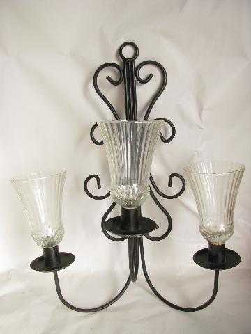 photo of black iron candelabra wall sconces, vintage candle sconce pair #2