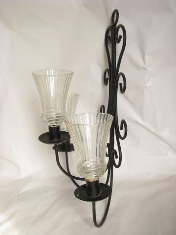 photo of black iron candelabra wall sconces, vintage candle sconce pair #3