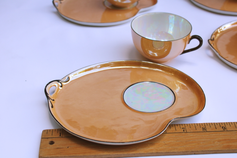 photo of black trim orange luster china snack sets, art deco vintage Czech porcelain tea cups & plates  #2