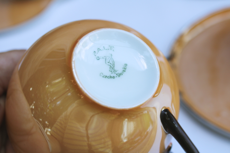 photo of black trim orange luster china snack sets, art deco vintage Czech porcelain tea cups & plates  #4
