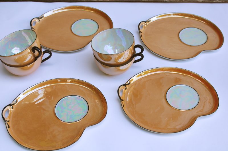 photo of black trim orange luster china snack sets, art deco vintage Czech porcelain tea cups & plates  #6