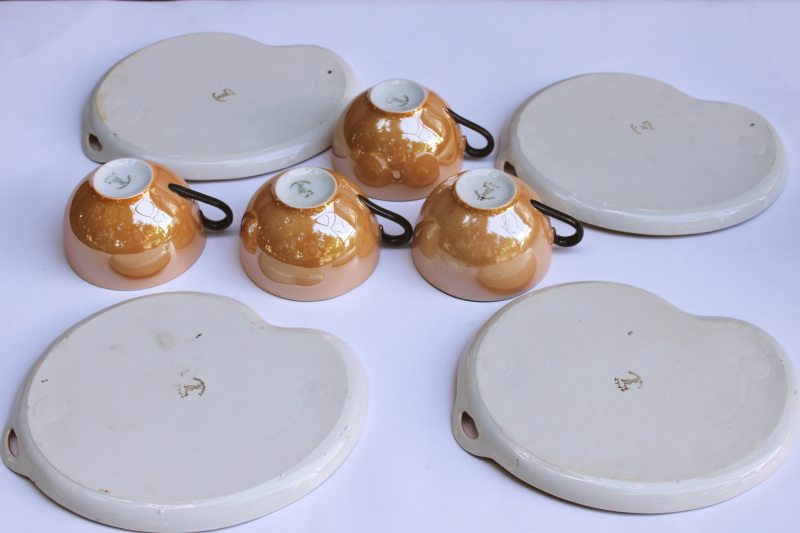 photo of black trim orange luster china snack sets, art deco vintage Czech porcelain tea cups & plates  #8