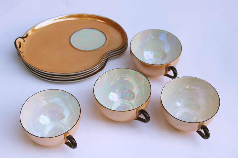 photo of black trim orange luster china snack sets, art deco vintage Czech porcelain tea cups & plates  #9