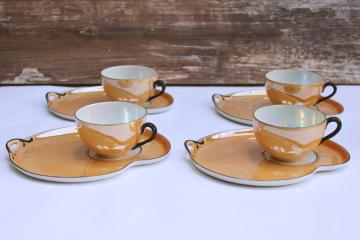 catalog photo of black trim orange luster china snack sets, art deco vintage Czech porcelain tea cups & plates 