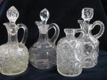 catalog photo of blown & pressed antique pattern glass cruet bottles w/ stoppers, EAPG jug