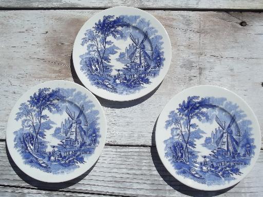 photo of blue and white delft style Windmill vintage china plates, Palissy Ware England #1