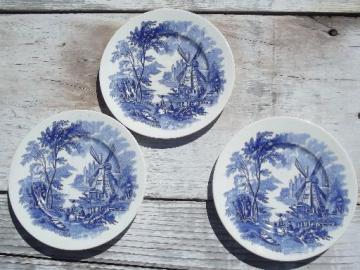 catalog photo of blue and white delft style Windmill vintage china plates, Palissy Ware England