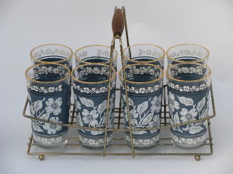 photo of blue and white dogwoods floral glasses w/ rack, vintage Hazel Ware in box #1