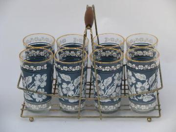 catalog photo of blue and white dogwoods floral glasses w/ rack, vintage Hazel Ware in box