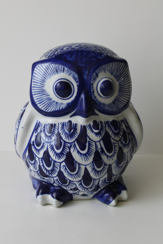 photo of blue and white porcelain large chunky owl figure, wide eyed owl statue  #1