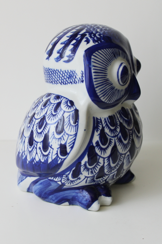 photo of blue and white porcelain large chunky owl figure, wide eyed owl statue  #2