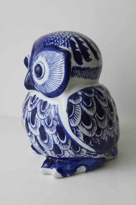 photo of blue and white porcelain large chunky owl figure, wide eyed owl statue  #4