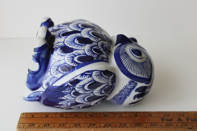 photo of blue and white porcelain large chunky owl figure, wide eyed owl statue  #6