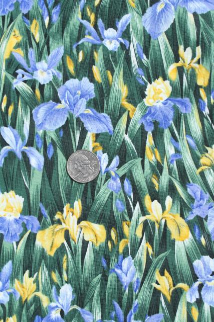 photo of blue and yellow iris flowers, floral print cotton quilting fabric #1