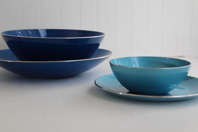 photo of blue & aqua enamel metal bowls, Scandinavian modern mid-century vintage  #3