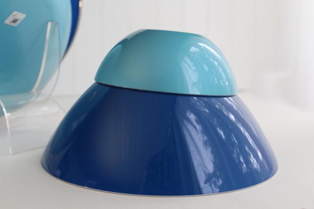 photo of blue & aqua enamel metal bowls, Scandinavian modern mid-century vintage  #5