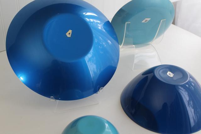 photo of blue & aqua enamel metal bowls, Scandinavian modern mid-century vintage  #6