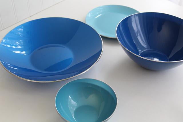 photo of blue & aqua enamel metal bowls, Scandinavian modern mid-century vintage  #8