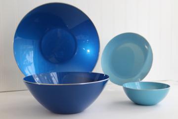 blue & aqua enamel metal bowls, Scandinavian modern mid-century vintage 