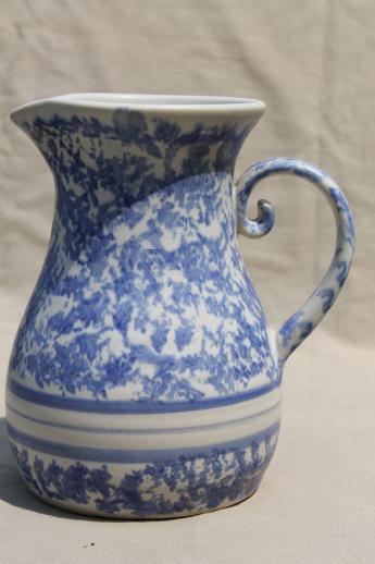 photo of blue banded spongeware pottery, large stoneware milk pitcher signed Gregoire #1