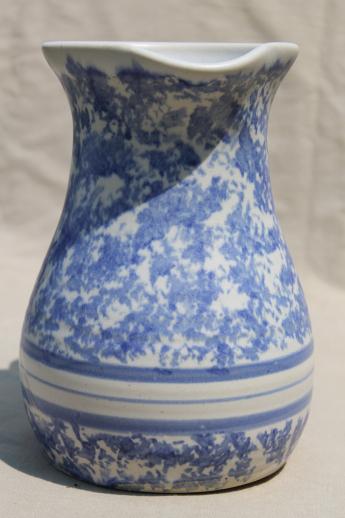 photo of blue banded spongeware pottery, large stoneware milk pitcher signed Gregoire #2