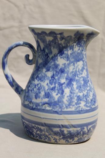 photo of blue banded spongeware pottery, large stoneware milk pitcher signed Gregoire #3