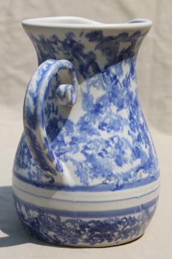 photo of blue banded spongeware pottery, large stoneware milk pitcher signed Gregoire #4