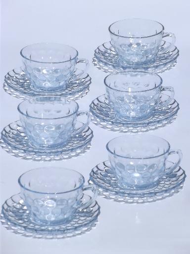 photo of blue bubble pattern cups & saucers, vintage depression glass tea cups set #1