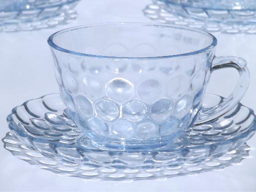 photo of blue bubble pattern cups & saucers, vintage depression glass tea cups set #2