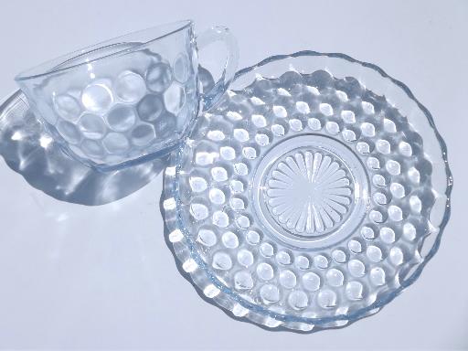 photo of blue bubble pattern cups & saucers, vintage depression glass tea cups set #3