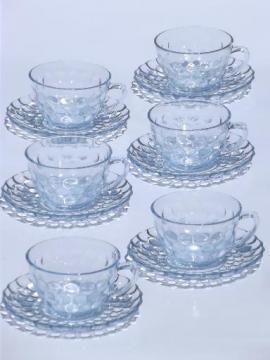 catalog photo of blue bubble pattern cups & saucers, vintage depression glass tea cups set