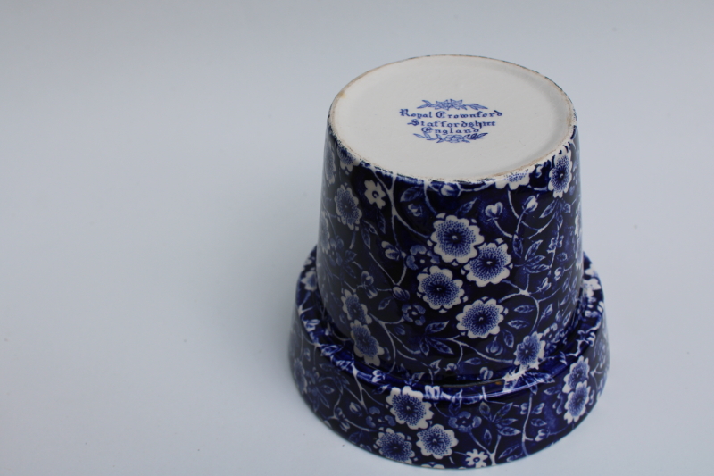 photo of blue calico chintz print Staffordshire china, flower pot planter vintage England #4