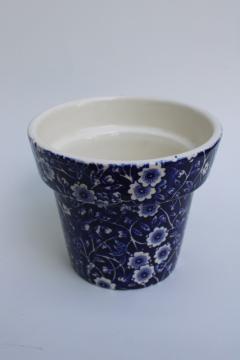 catalog photo of blue calico chintz print Staffordshire china, flower pot planter vintage England