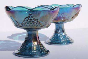 catalog photo of blue carnival glass candle holders set, vintage Indiana harvest grapes pattern glass