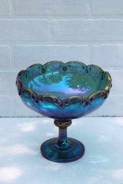 catalog photo of blue carnival glass compote, vintage Indiana glass garland pattern teardrop border pressed glass
