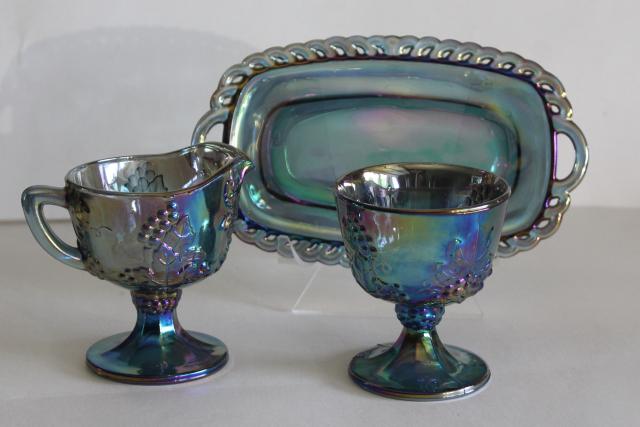 photo of blue carnival glass cream pitcher, sugar bowl, tray - vintage grapes pattern Indiana glass #1