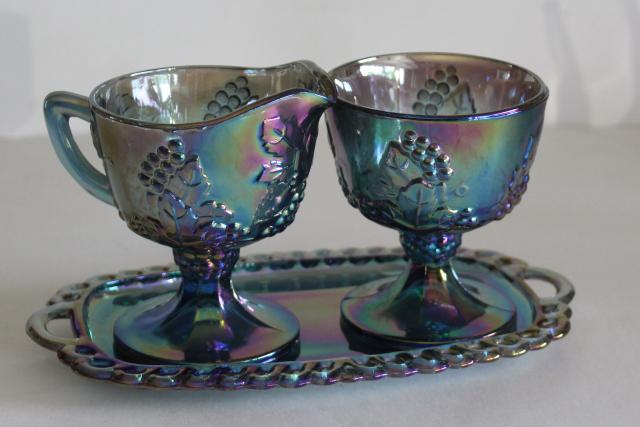 photo of blue carnival glass cream pitcher, sugar bowl, tray - vintage grapes pattern Indiana glass #3