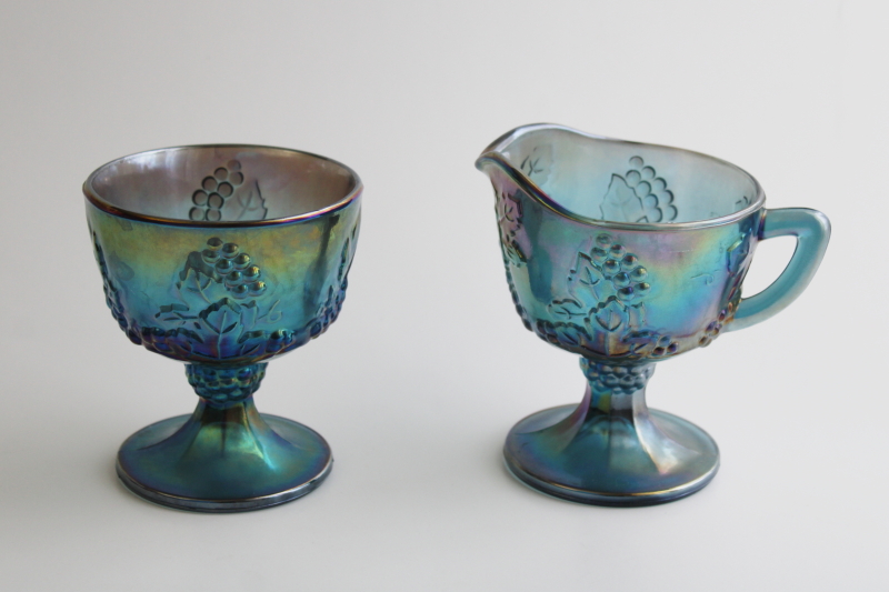 photo of blue carnival glass creamer and sugar set, 70s vintage Indiana glass grapes pattern #1