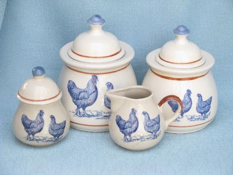 photo of blue chickens print brown band vintage pottery kitchen set canisters #1