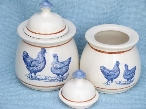 photo of blue chickens print brown band vintage pottery kitchen set canisters #2