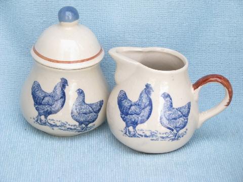 photo of blue chickens print brown band vintage pottery kitchen set canisters #3