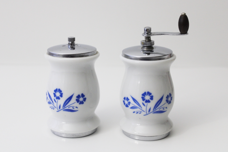 photo of blue cornflower vintage Corningware go-along salt shaker & pepper grinder Japan #1