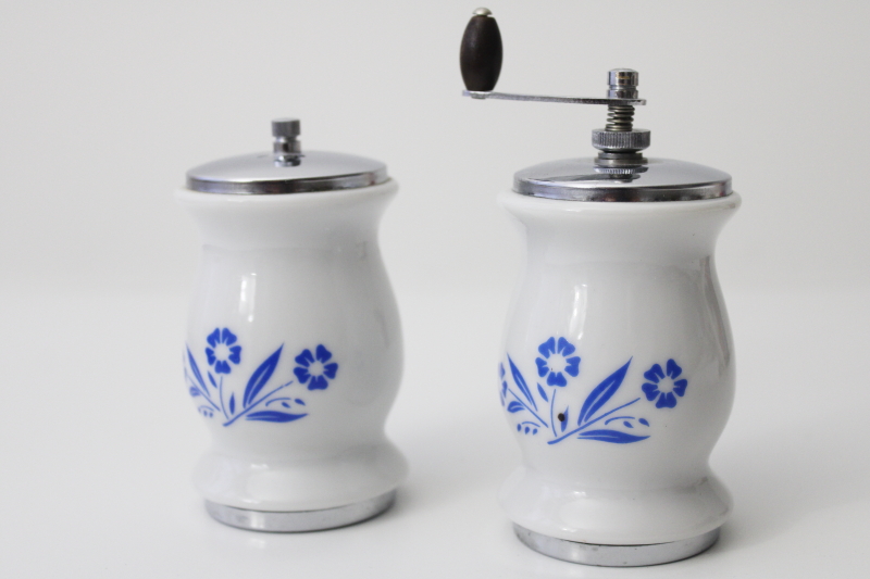 photo of blue cornflower vintage Corningware go-along salt shaker & pepper grinder Japan #3