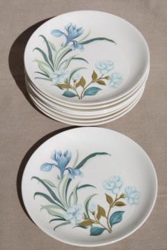 catalog photo of blue crocus spring flowers pattern vintage china plates, Crown potteries pottery dishes