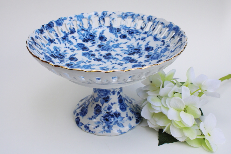 photo of blue floral print chintz china compote lace edge bowl dessert pedestal stand #1